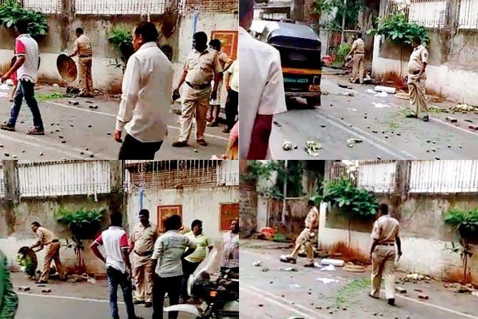 In the 62-second video clip, cops are seen throwing vegetables from the baskets of hawkers on Hingwala Lane in Ghatkopar East
