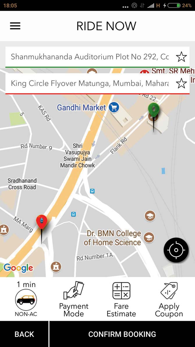 No taxi was available in the vicinity of Ravindra Natya Mandir when we tried to book a ride