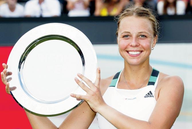 Estonia’s Anett Kontaveit with the trophy after winning the Ricoh Open final vs Russia’s Natalia Vikhlyantseva yesterday. Pic/AFP