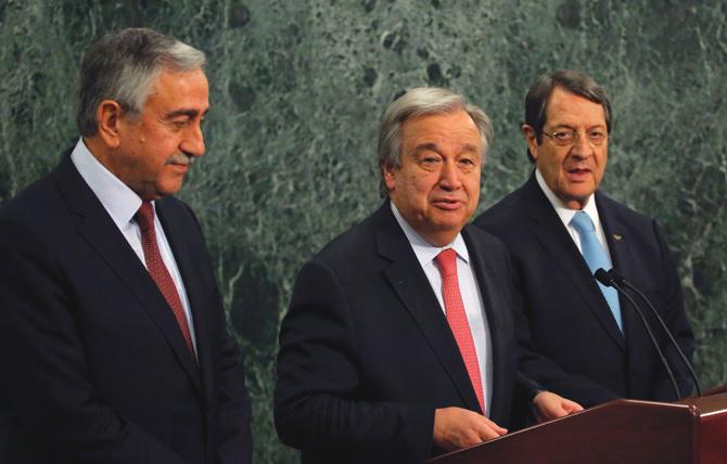 UN Secretary-General Antonio Guterres (C) beside Greek Cypriot leader Nicos Anastasiades (R) and Turkish Cypriot leader Mustafa Akinci (L) June 4, 2017 at UN headquarters in New York. Pic/AFP 