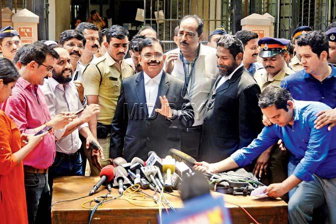 Public prosecutor Deepak Salvi talking to the media outside Sessions court after the verdict was delivered on Friday. Pic/Bipin Kokate