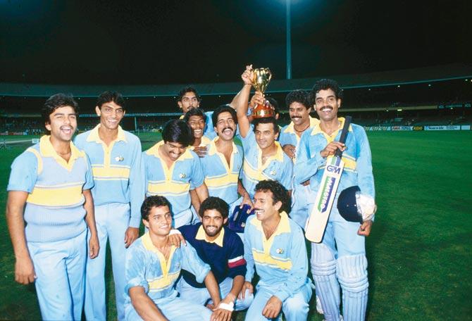 Indian team with the World Championship of Cricket trophy after defeating Pakistan in the final at Melbourne on March 10, 1985. India won the match by 8 wickets. Pic/Getty Images