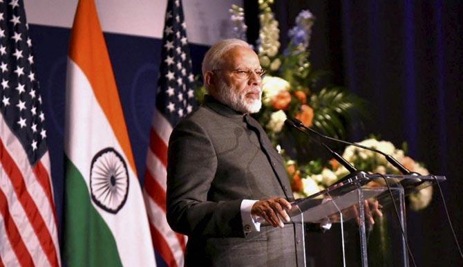 Prime Minister, Narendra Modi addressing at the United States Community Reception in Washington DC, USA on Sunday. Pic/PTI