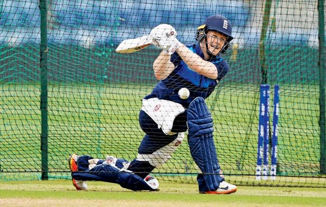 England captain Eoin Morgan during nets ahead of their ICC Champions Trophy semi-final match against Pakistan in Cardiff yesterday; (inset) Pakistan skipper Sarfraz Ahmed. Pics/Getty Images, AFP