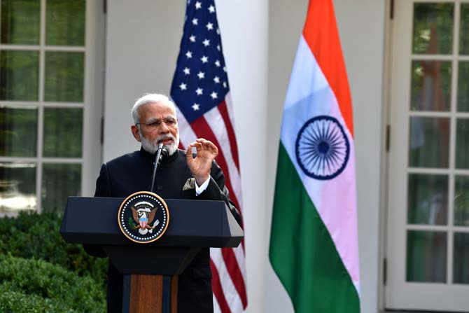 Indian Prime Minister Narendra Modi speaks during a joint press conference with US President Donald Trump in the Rose Garden at the White House in Washington. Pic/AFP