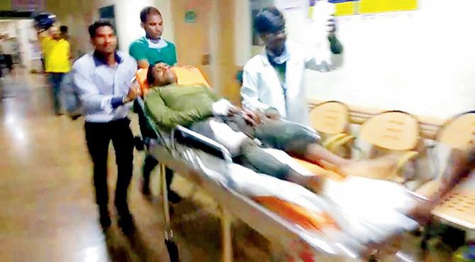 A jawan is being taken to a hospital after the gunbattle with Maoist rebels in Sukma district of Chhattisgarh, on Saturday. Pic/PTI