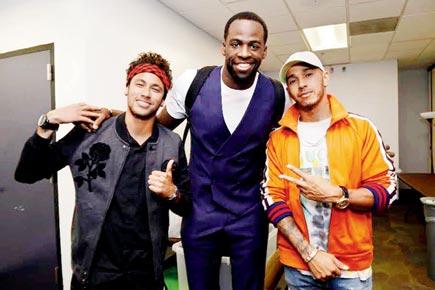 Barcelona's Neymar and F1 champ Lewis Hamilton watch NBA Finals