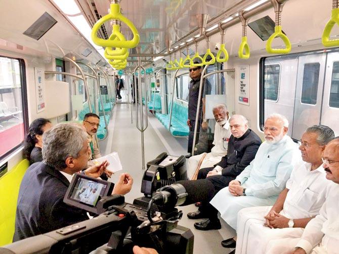 PM Narendra Modi, Kerala Governor P Sathasivam, CM Pinarayi Vijayan and Union Minister Venkaiah Naidu take a ride on the newly launched Kochi metro in Kerala on Saturday. Pic/PTI