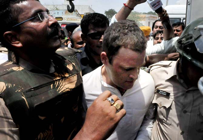 Congress Vice President Rahul Gandhi being arrested on his way to Mandsaur from Neemuch to meet the family members of the farmers killed in the recent police firing. Pic/AFP