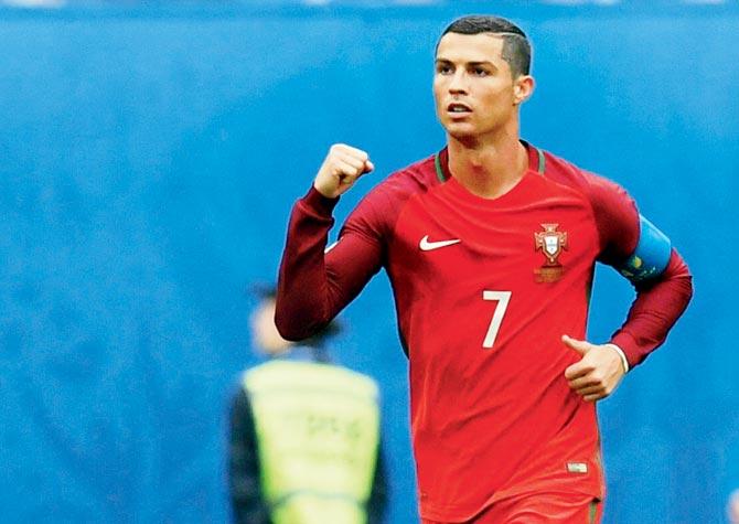Portugal’s Cristiano Ronaldo celebrates after scoring vs New Zealand on Saturday. Pic/AFP