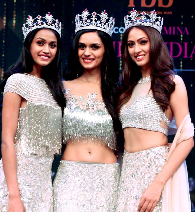 Miss India 2017 winner Manushi Chhillar, 1st runner up Sana Dua and 2nd runner up Priyanka Kumari pose for lensmen after their crowning in Mumbai. Pic/PTI