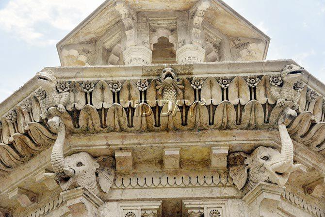Carvers from Gujarat restored the features of most of the 42 figures of different animals that embellish the monument. These include heads of lions, goats (rams), cows, elephants (above), alligators and iguanas. PICS/PRADEEP DHIVAR