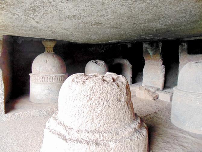 The stupas inside Cave 3. Pic courtesy/Wikimedia Commons
