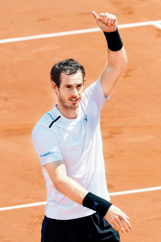 Britain’s Andy Murray celebrates his French Open fourth-round  win over Russian Karen Khachanov on Monday. Pic/AFP