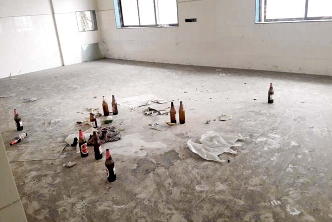 Empty beer bottles seen strewn on the floor of a room