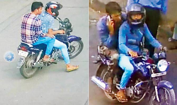 Dheeraj Kanojia (26), yet to be arrested, and (right) Mustafa Shaikh (29) seen riding pillion in CCTV grabs; in both clips, the rider is Vijay alias Saddam Kale (27)