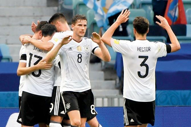 German players celebrate a goal against Australia during the Confederations Cup match in Sochi, Russia yesterday. Pic/AFP 
