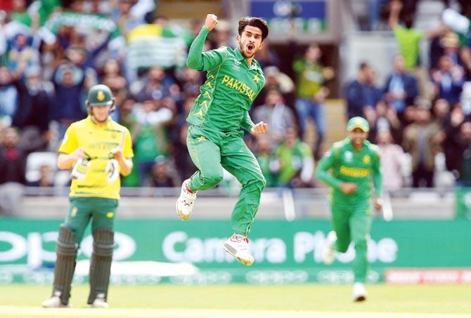 Pakistan pacer Hasan Ali is ecstatic after claiming the wicket of SA’s Wayne Parnell at Edgbaston yesterday. Pic/AFP