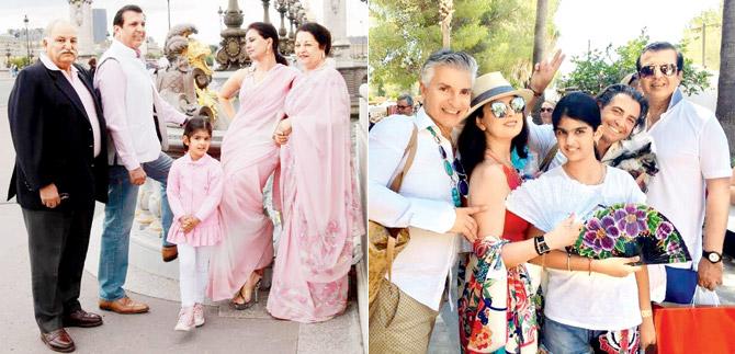 Ritu Beri with family in Paris and (right) with family and friends in Ibiza
