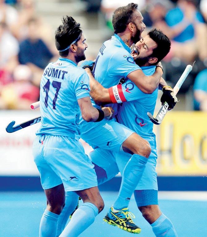 Indian players celebrate their 7-1 win over Pakistan on Sunday