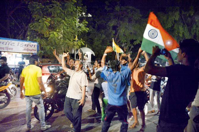 Revellers celebrate India’s victory over Pakistan in yesterday’s ICC Champions Trophy match, with a raucous bash at silence zone Shivaji Park. Pic /Sneha Kharabe