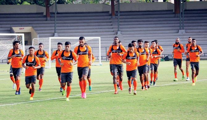 Team India players train ahead of their friendly encounter against Nepal at the Mumbai Football Arena in Andheri yesterday