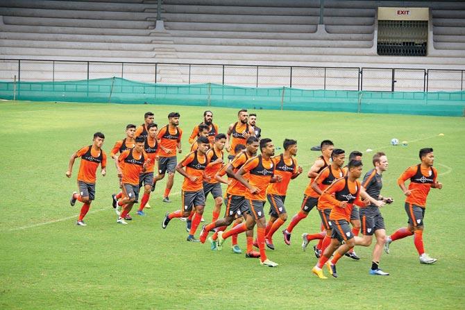 Indian players train yesterday ahead of their Asian Cup qualifier against Kyrgyzstan at Bangalore today