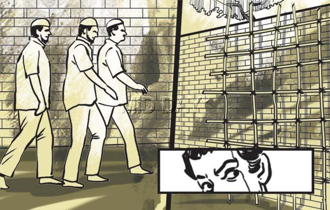 Undertrials are allowed outside to offer namaz on Eid. Roman Islam Hussain spots the scaffolding along the boundary wall and plans his escape. Illustration/Ravi Jadhav