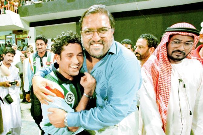 Mascarenhas gives Tendulkar a hug after India’s win over Australia in the Coca-Cola Cup final at Sharjah on April 24, 1998. Pic/AFP