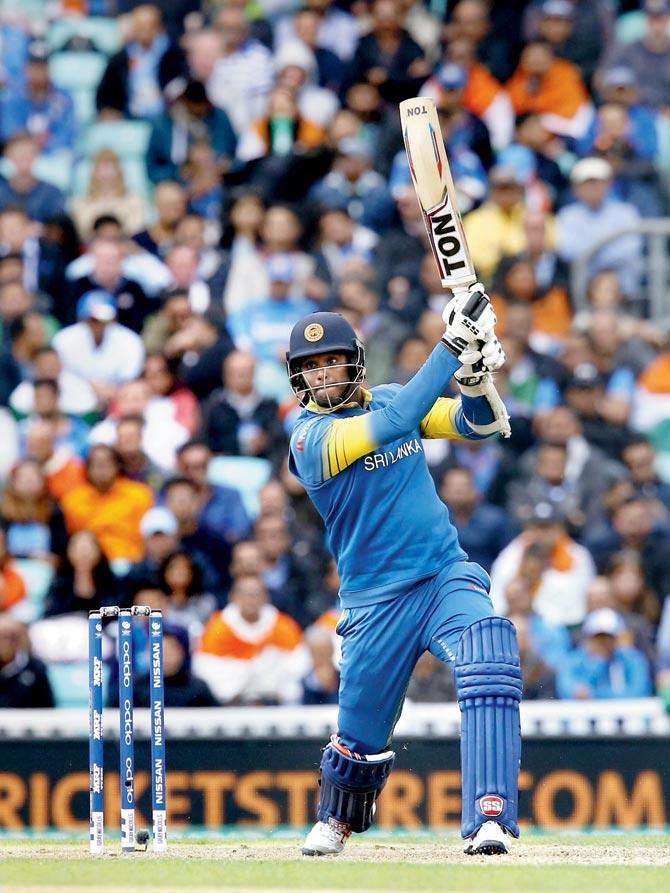 Sri Lanka captain Angelo Mathews slams one en route his 45-ball 52 against India during their ICC Champions Trophy match at The Oval  in London yesterday. Pic/AFP