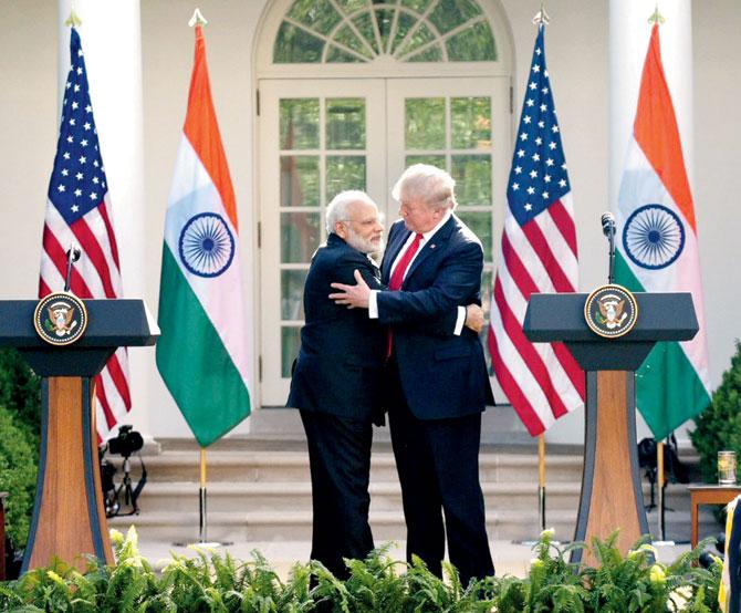 Prime Minister Narendra Modi meets the President of United States of America, Donald Trump, at the Joint Press Statement, at the White House yesterday. Pic/PTI