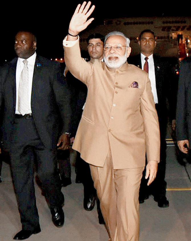 Prime Minister Narendra Modi arrives at Joint Base Andrews, Washington DC. Pic/PTI