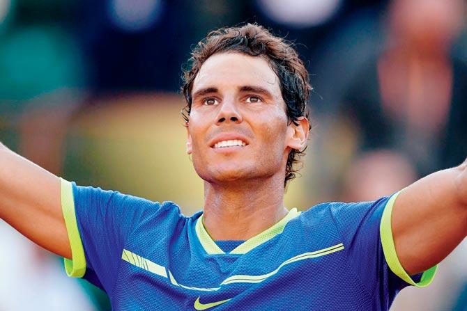 A jubilant Rafael Nadal of Spain after beating Austria’s Dominic Thiem in the French Open semi-finals yesterday. Pic/AFP 