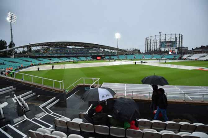 The Oval cricket groud as it rains after the ICC Champions Trophy match between Australia and Bangladesh in London on June 5, 2017.