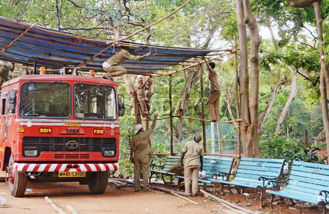 Civic workers build a temporary shed in the park for the fire engine. Pic/Sayyed Sameer Abedi