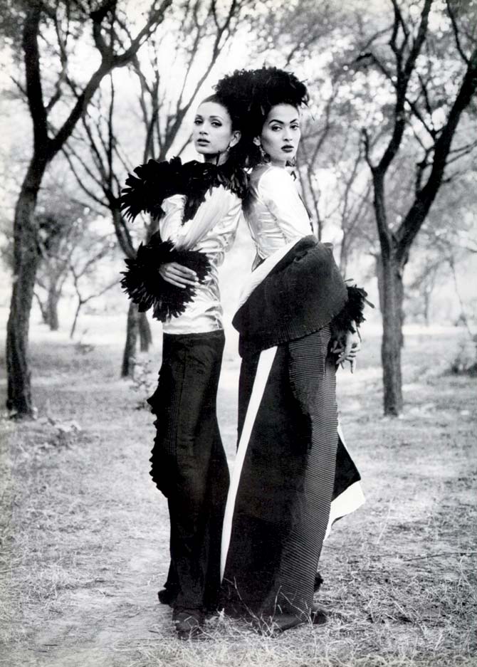 Mehr and Madhu Sapre model garments from the Wild Side collection (1992) inspired by the jungle and marked by skintight silhouettes
