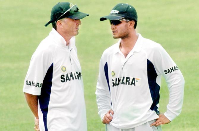 Sourav Ganguly and John Wright at a training session during India
