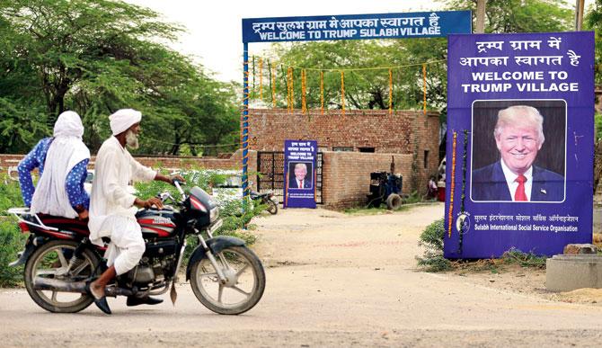 A Donald Trump poster at Marora village, unofficially renamed ‘Trump Village,’ about 100km from New Delhi. This was an unusual gesture to the American president ahead of Indian PM Narendra Modi