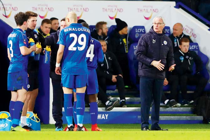 Former Leicester boss Claudio Ranieri (right) looks on as his players converse during a FA Cup tie vs Derby City recently. pic/Getty Images