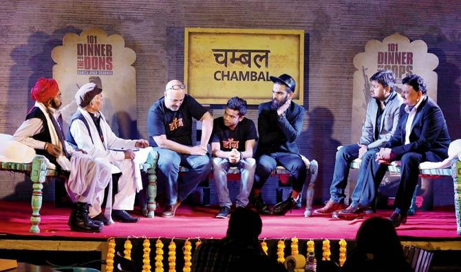 (From left) Prabhu Singh, Ramesh Singh Sikarwar, Cyrus Oshidar, Avijit Pathak, Vishal Chopra, Satyamev Bhadoriya and his father and encounter cop Ashok Singh Bhadoriya at the launch of the web series last week