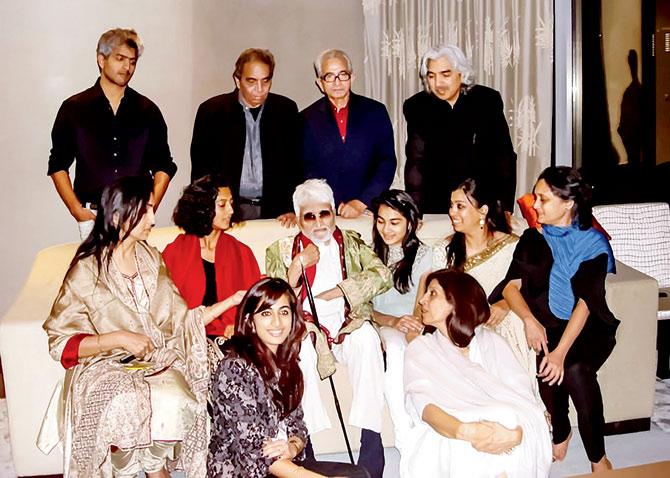 The late artist MF Husain with his family; sons Owais and Shamshad Husain (back row, from left) are among the six siblings