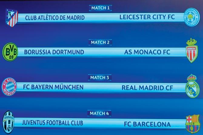A screen displays the Champions League quarter-finals draw  at the UEFA headquarters in Nyon, Switzerland yesterday. pic/AFP