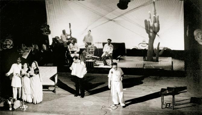 The technical rehearsal of Hasa Has at Bharatiya Vidya Bhavan. After the 1960 bifurcation of Bombay and Gujarat, writer-director Adi Marzban (seen at the mike) presented this revue to say Go east, go west, Bombay is best. Far left in the frame is the trio of singing stars Jimmy Pocha, Ruby Patel and Piloo Wadia. Popular accordionist Goody Seervai is also seen playing. PHOTO COURTESY MEHER MARFATIA/LAUGHTER IN THE HOUSE