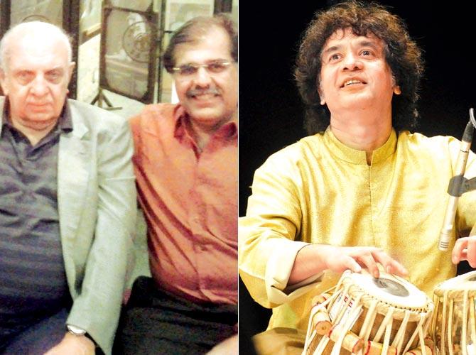 (Left) Vanraj Bhatia withâu00c2u0080u00c2u0088Tushar Bhatia; (right) Ustad Zakir Hussain
