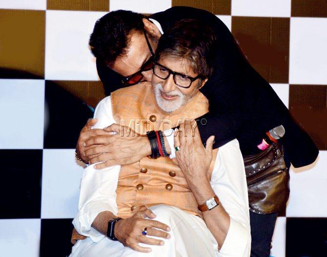 At the trailer launch of their upcoming film in Andheri yesterday, actor Jackie Shroff seemed overcome with warmth for fellow actor Amitabh Bachchan. Pic/Satej Shinde