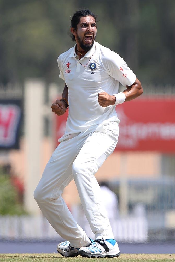 Indian bowler Ishant Sharma celebrates after he dismissed Australian batsman Matthew Renshaw. Pic/AFP