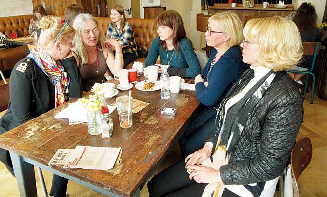 (From left) Maureen Sweeney, Fiona MacKeown, Amanda Bennett, Sanna Pirhonen-Cutter and Minna Pirhonen at their first meeting at a coffee shop in Cheltenham, UK