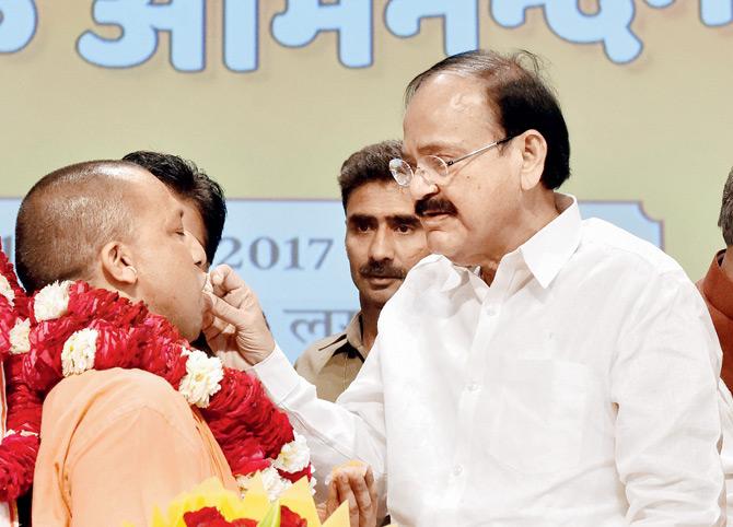 Union Minister for Information and Broadcasting M Venkaiah Naidu offers sweets to Yogi Adityanath after he was elected leader of the BJP Legislature Party. Pic/PTI