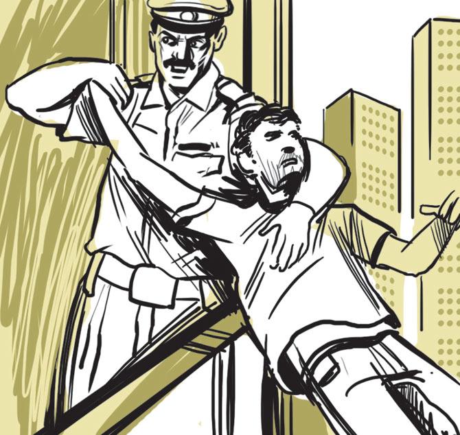 4. With some fire officials waiting below after spreading a net, in case Kheer decided to let go, the police finally manage to get through to him. They pull him in and admit him to KEM hospital for treatment. Illustrations/Ravi Jadhav