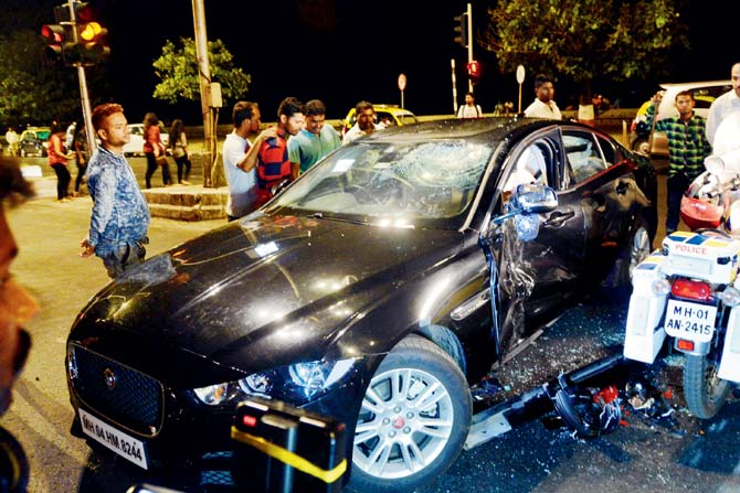 The front passenger door of the Jaguar was smashed in the accident. Pic/ Sayyed Sameer Abedi